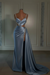 dusty blue prom dress sweetheart spaghetti straps with high slit