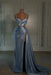dusty blue prom dress sweetheart spaghetti straps with high slit