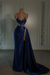 navy prom dress sweetheart spaghetti straps with high slit
