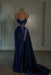 navy prom dress sweetheart spaghetti straps with high slit