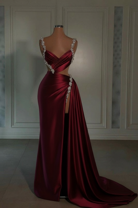 burgundy prom dress sweetheart spaghetti straps with high slit