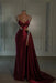 burgundy prom dress sweetheart spaghetti straps with high slit