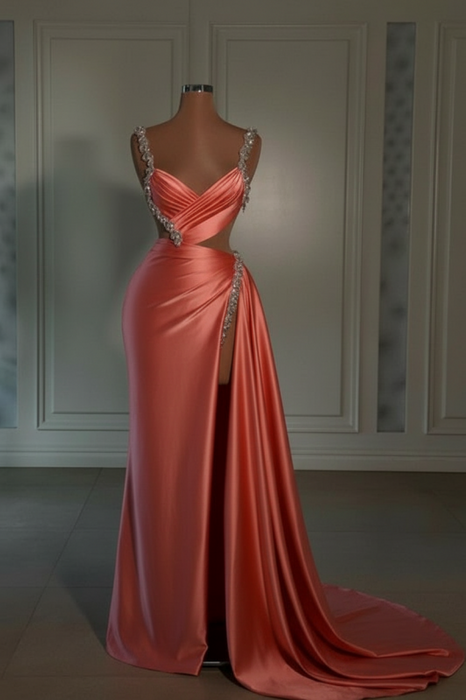 prom dress sweetheart spaghetti straps with high slit