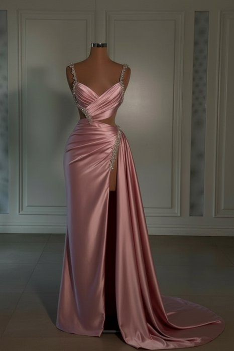 candy pink prom dress sweetheart spaghetti straps with high slit