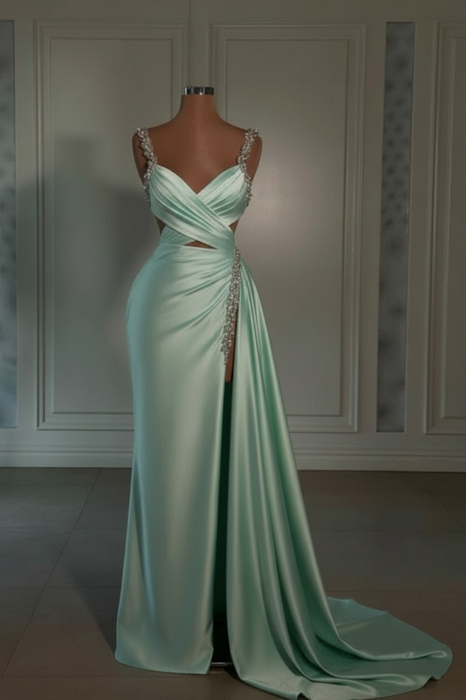 mint prom dress sweetheart spaghetti straps with high slit