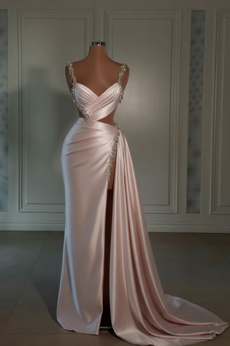 pearl pink prom dress sweetheart spaghetti straps with high slit