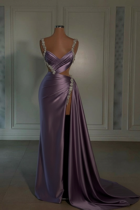 grape prom dress sweetheart spaghetti straps with high slit