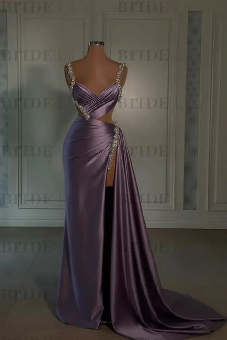 grape prom dress sweetheart spaghetti straps with high slit