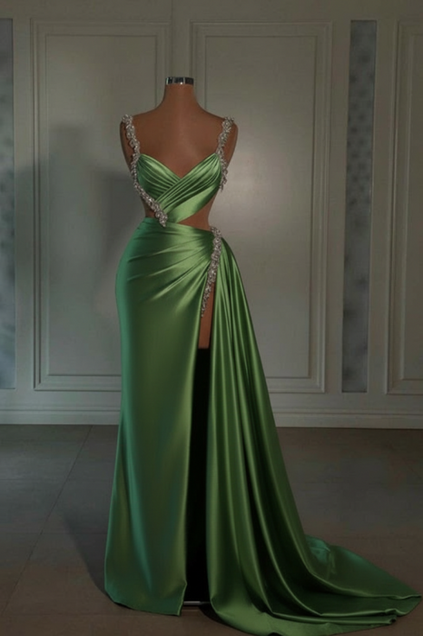 sage prom dress sweetheart spaghetti straps with high slit