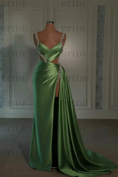 sage prom dress sweetheart spaghetti straps with high slit