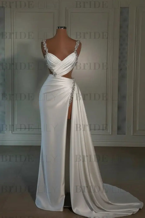 white om Dress: Sweetheart Spaghetti Strap with High Slit Trail - Glamorous