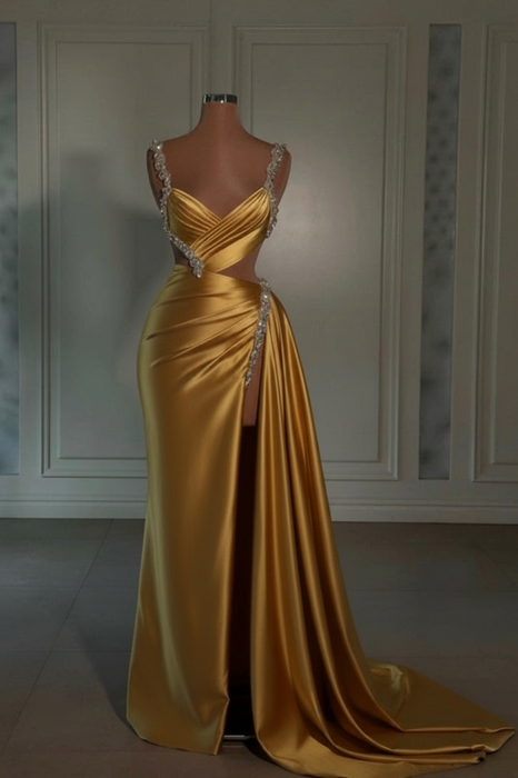 gold prom dress sweetheart spaghetti straps with high slit
