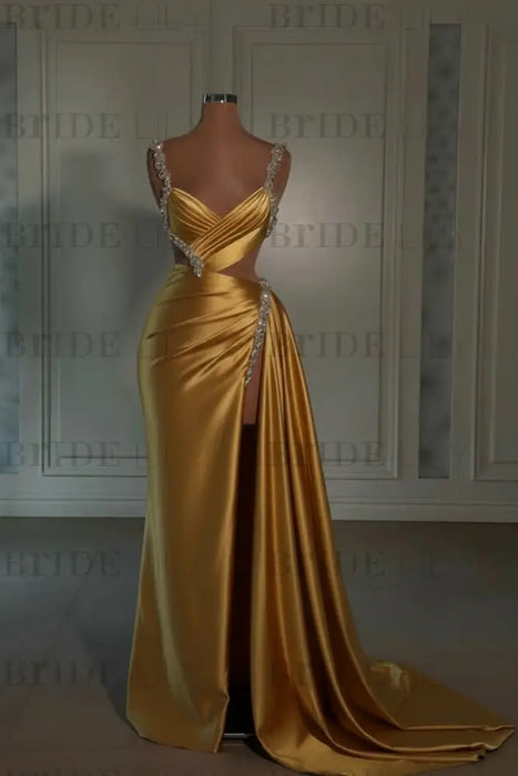 gold prom dress sweetheart spaghetti straps with high slit