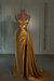 gold prom dress sweetheart spaghetti straps with high slit