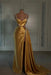 gold prom dress sweetheart spaghetti straps with high slit