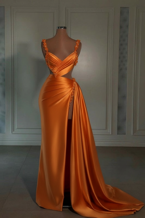 orange prom dress sweetheart spaghetti straps with high slit