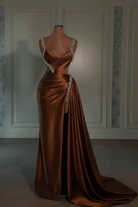 brown prom dress sweetheart spaghetti straps with high slit