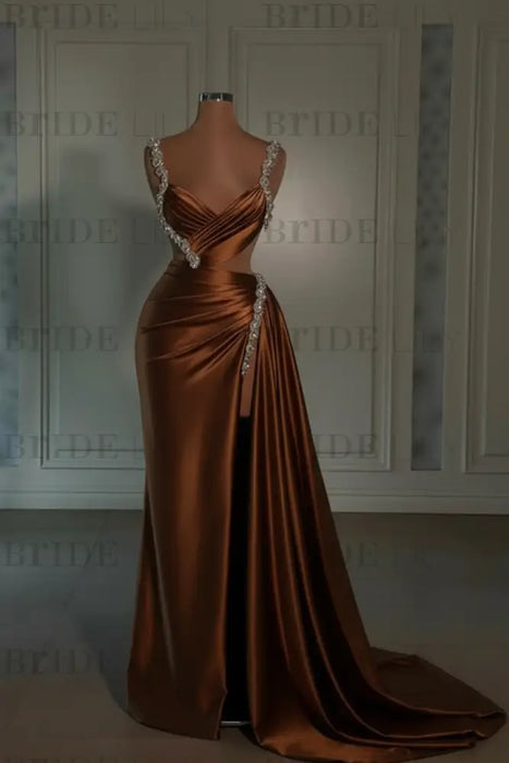brown prom dress sweetheart spaghetti straps with high slit