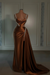 brown prom dress sweetheart spaghetti straps with high slit