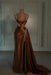 brown prom dress sweetheart spaghetti straps with high slit
