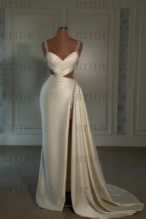 Ivory Prom Dress: Sweetheart Spaghetti Strap with High Slit Trail - Glamorous