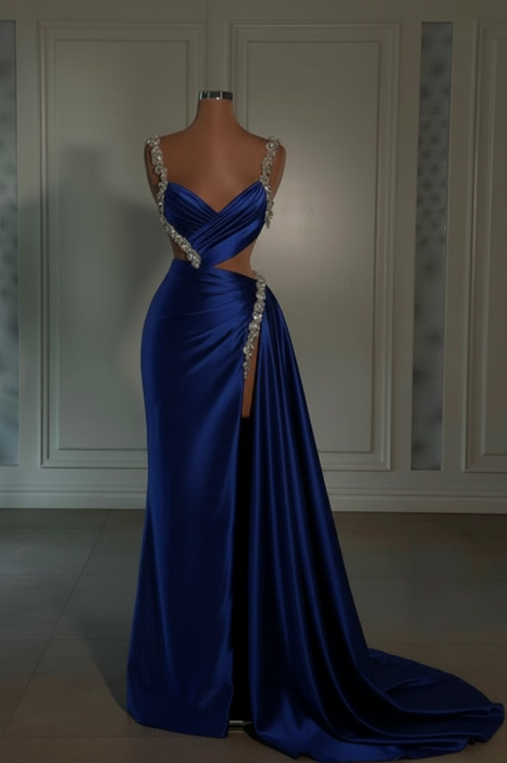 royal blue prom dress sweetheart spaghetti straps with high slit