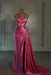hot pink prom dress sweetheart spaghetti straps with high slit