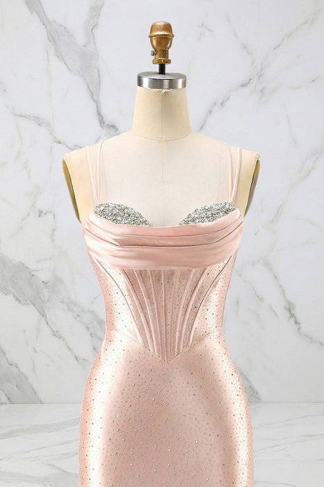 Glamorous Pink Shimmer Spaghetti Straps Satin Prom Dress