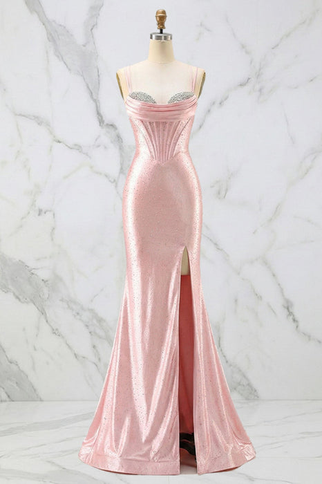 Glamorous Pink Shimmer Spaghetti Straps Satin Prom Dress