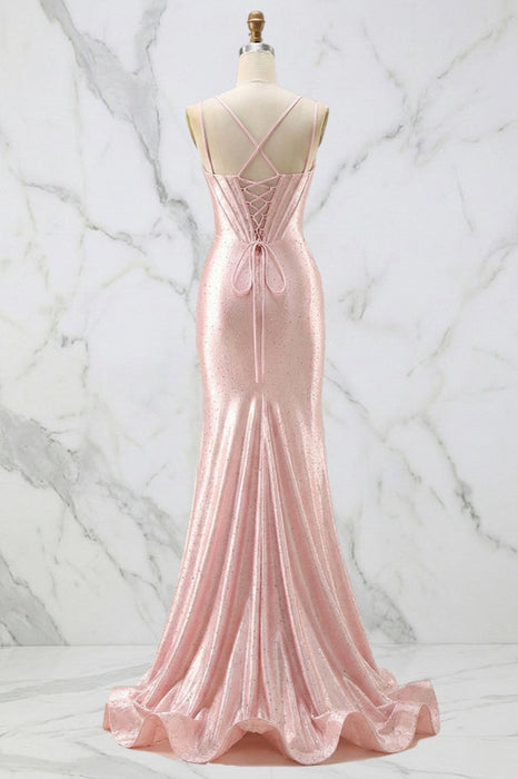 Glamorous Pink Shimmer Spaghetti Straps Satin Prom Dress