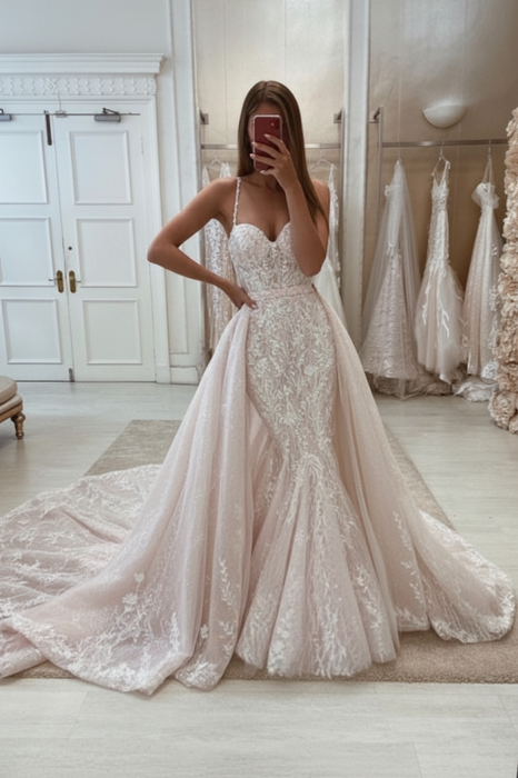 Glamorous Tulle Lace Mermaid Wedding Dress Blush Pink with Detachable Train - wedding dresses