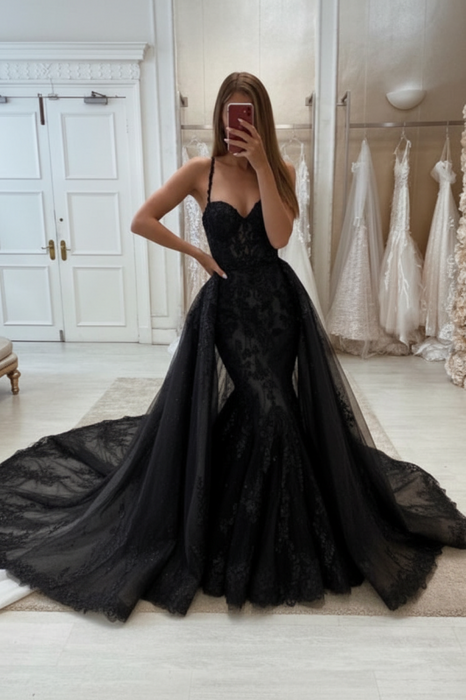 Glamorous Tulle Lace Mermaid Wedding Dress Black with Detachable Train - wedding dresses