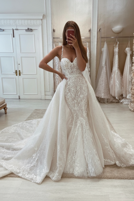 Glamorous Tulle Lace Mermaid Wedding Dress Ivory with Detachable Train - wedding dresses