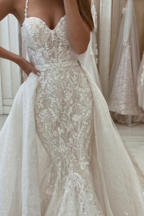 Glamorous Tulle Lace Mermaid Wedding Dress with Detachable Train - wedding dresses
