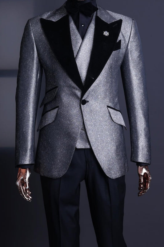 Glitter Gray Three Pieces Prom Suits One Button with Black Velvet Peak ...