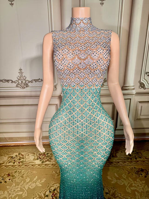 Glitter High Neck Rhinestone Sheath Prom Dress