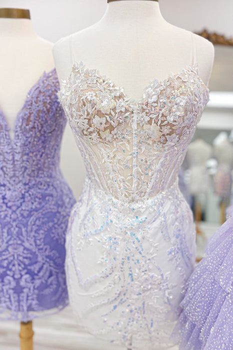 Glitter Lilac Corset Sequins Tight Short Homecoming Dress with Appliques