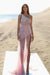 Glitter One Shoulder Pink Sequined Evening Dress Side Split Prom Dress