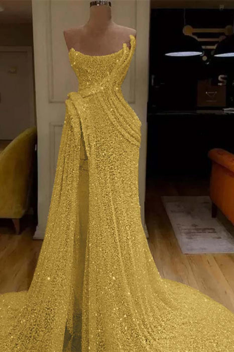 Glitter Sequin Strapless Mermaid Long Prom Dress with Split - Prom Dresses