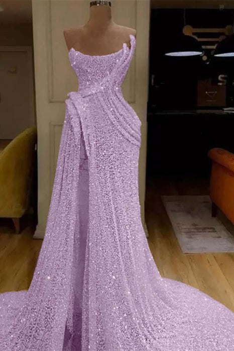 Glitter Sequin Strapless Mermaid Long Prom Dress with Split - Prom Dresses