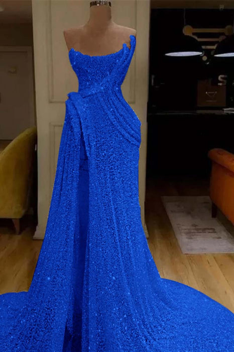 Glitter Sequin Strapless Mermaid Long Prom Dress with Split - Prom Dresses
