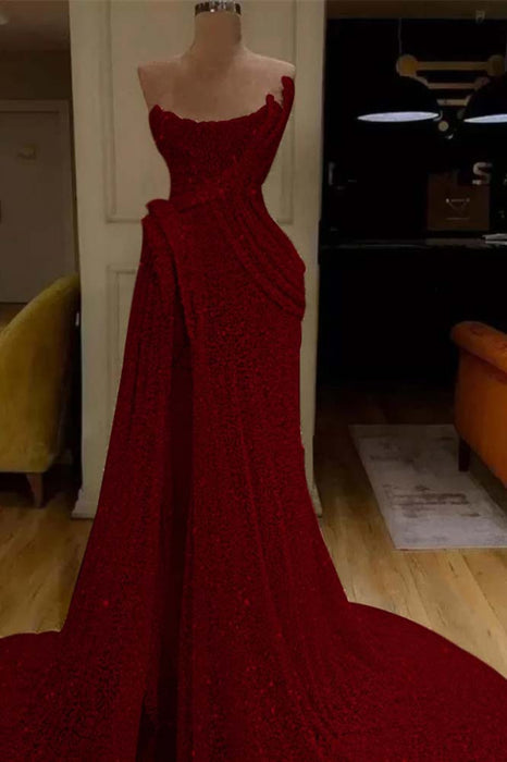 Glitter Sequin Strapless Mermaid Long Prom Dress with Split - Prom Dresses