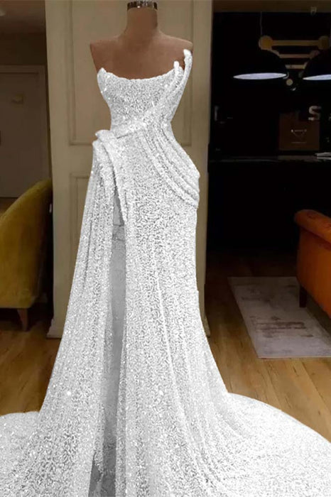 Glitter Sequin Strapless Mermaid Long Prom Dress with Split - Prom Dresses
