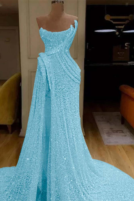 Glitter Sequin Strapless Mermaid Long Prom Dress with Split - Prom Dresses