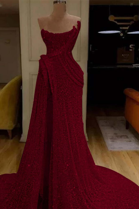 Glitter Sequin Strapless Mermaid Long Prom Dress with Split - Prom Dresses