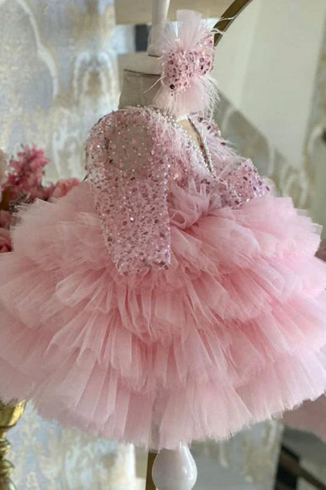 Glitter Sequins Long Sleeves Pageant Birthday Dress for Kids A Line Puffy Formal Dress with Pearls - Flower Girl Dress