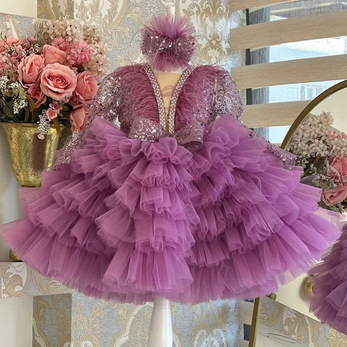 Glitter Sequins Long Sleeves Pageant Birthday Dress for Kids A Line Puffy Formal Dress with Pearls - Flower Girl Dress
