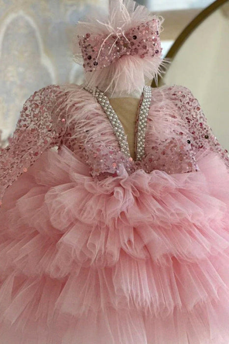 Glitter Sequins Long Sleeves Pageant Birthday Dress for Kids A Line Puffy Formal Dress with Pearls - Pink / 2-3y - Flower Girl Dress