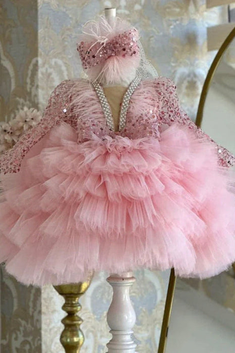 Glitter Sequins Long Sleeves Pageant Birthday Dress for Kids A Line Puffy Formal Dress with Pearls - Flower Girl Dress