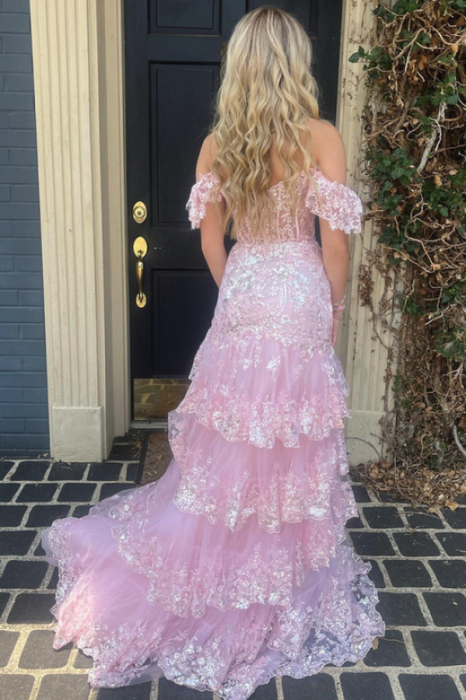 Glitter Sequins Off-the-shoulder Tulle Split Front A-Line Prom Dresses - Prom Dress
